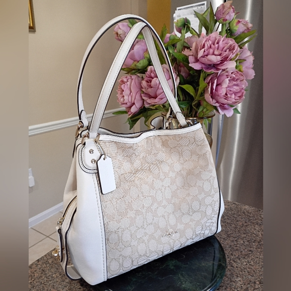 Coach Edie 31 Shoulder Bag Light Knaki Jaquard  And Chalk Leather - Picture 11 of 17